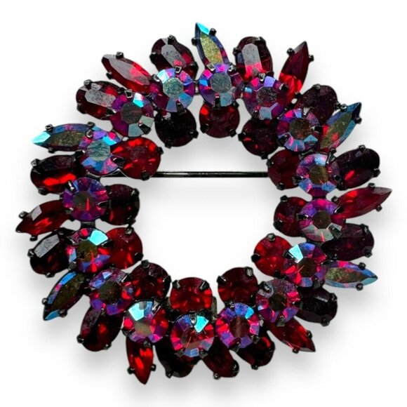 Sherman Jewelry - Sherman Red Pink Aurora Borealis Crystal Japanned Vintage Wreath Brooch